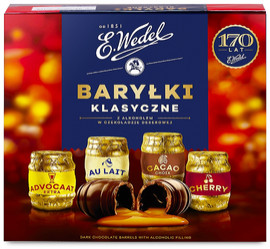 Продуктови Категории Шоколади E.Wedel  Шоколадови бъчви от тъмен шоколад пълни с различни алкохолни ликьори 200 гр